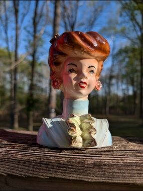 Vintage Ceramic Lady Head Vase in Pastel Blue and Brown